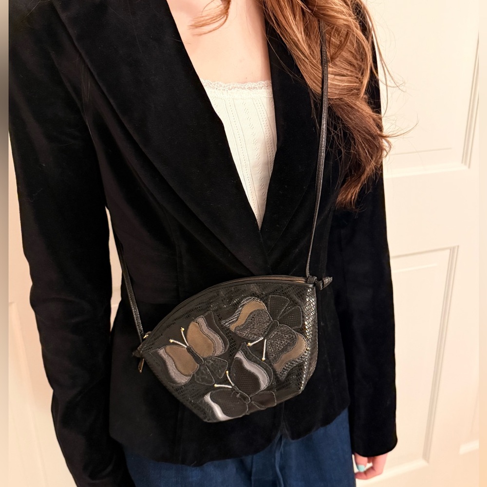 Vintage Sharif Leather Black with Butterflies Crossbody Bag